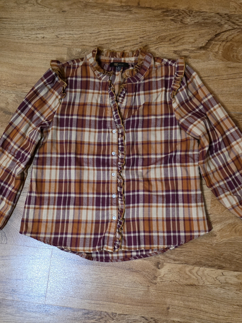 Frye Orange Brown Plaid Button Down Ruffle Blouse
